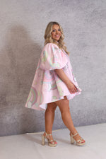 'Unicorn' Puff Sleeve Mini Dress In Baby Pink