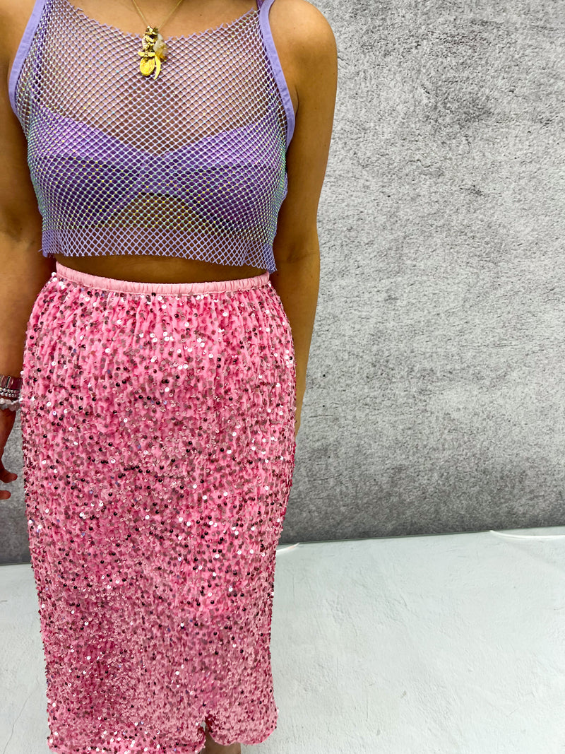 High Waisted Sequin Midi Skirt In Candy Pink
