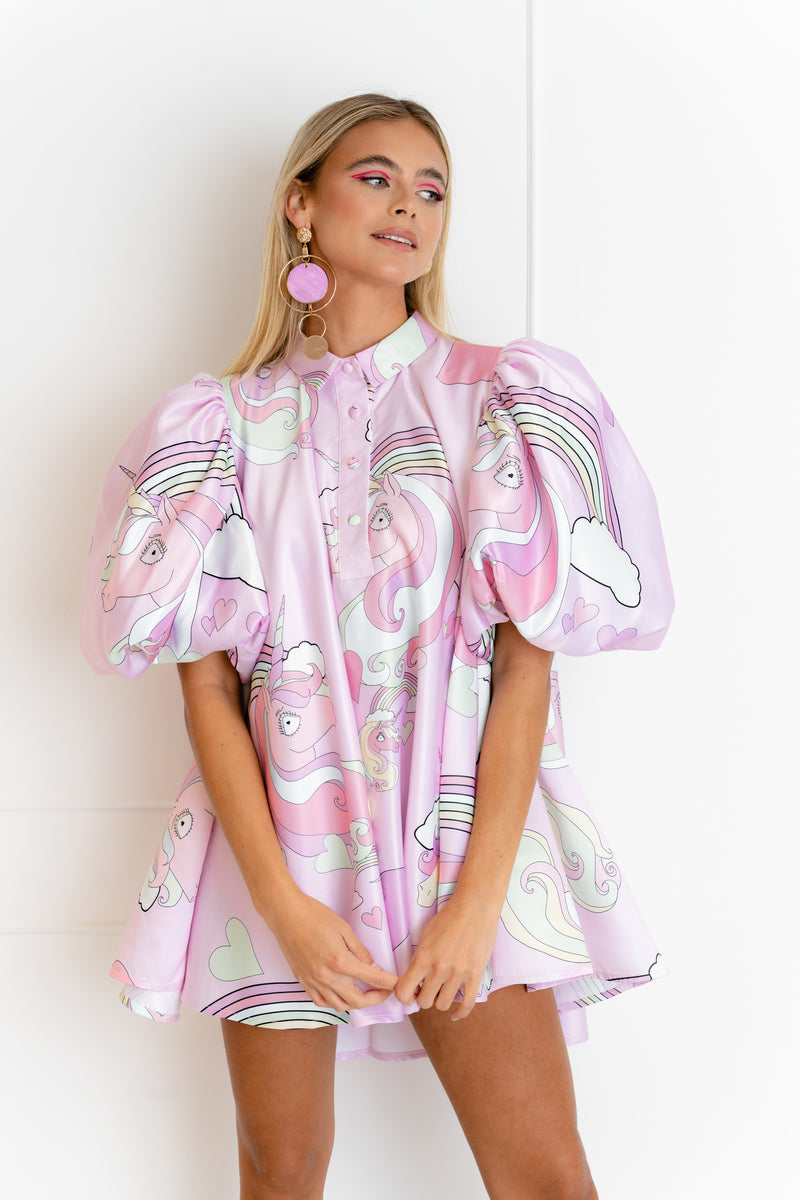 'Unicorn' Puff Sleeve Mini Dress In Baby Pink