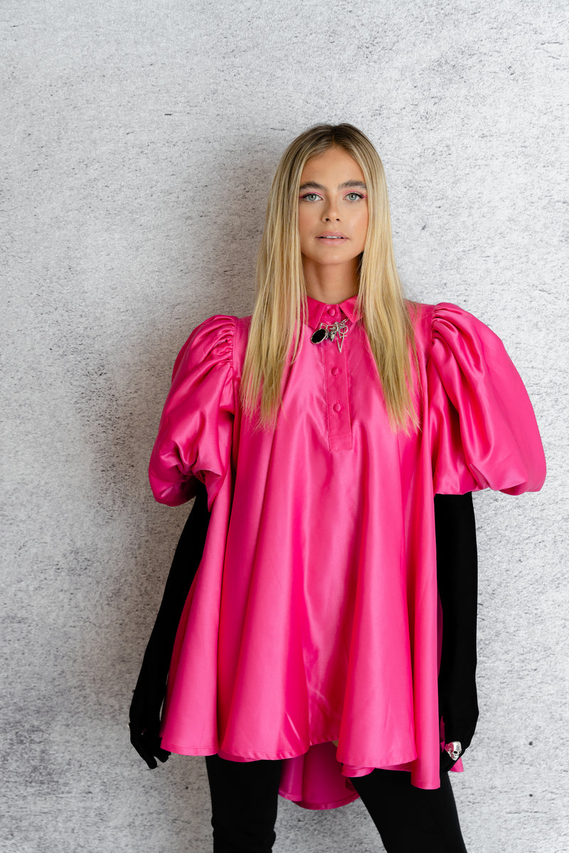 'Magenta' Puff Sleeve Mini Dress In Raspberry
